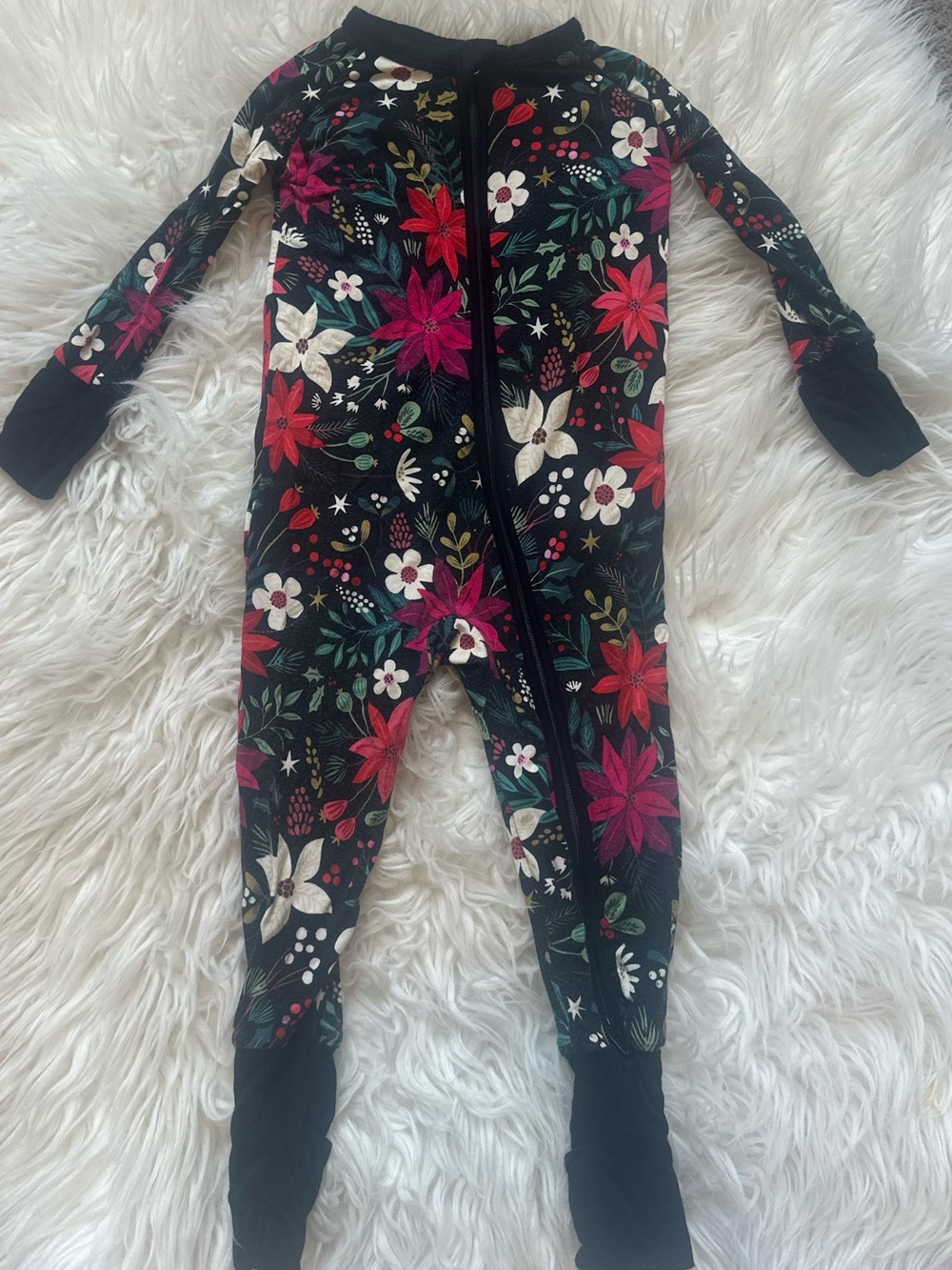6-12 Months Little Sleepies Black Floral Zip Footie with Red & White Poinsettias